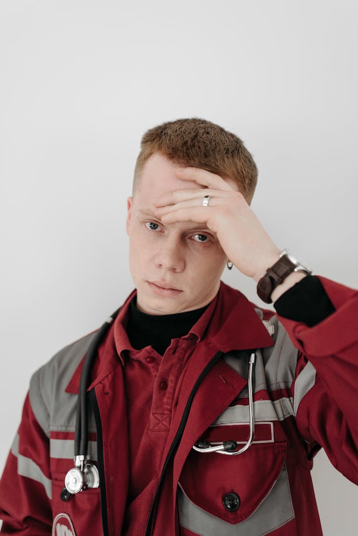 A tired EMT in uniform holds his head, exhibiting stress in a healthcare setting.