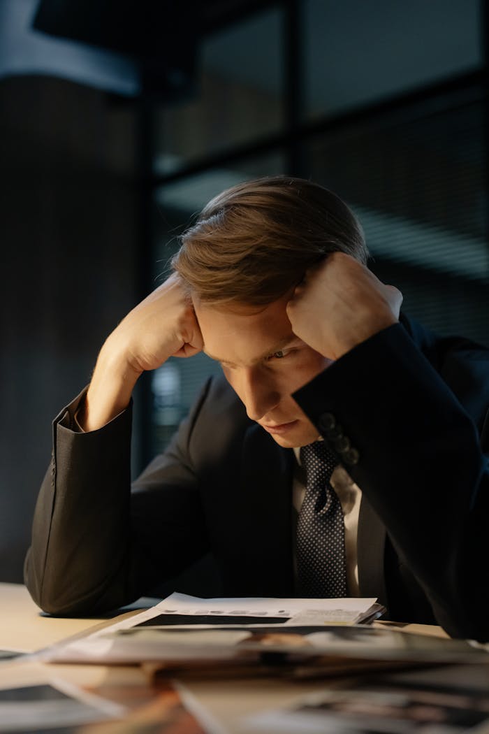 A worried businessman with clenched fists, sitting at a desk indoors, reflects stress.