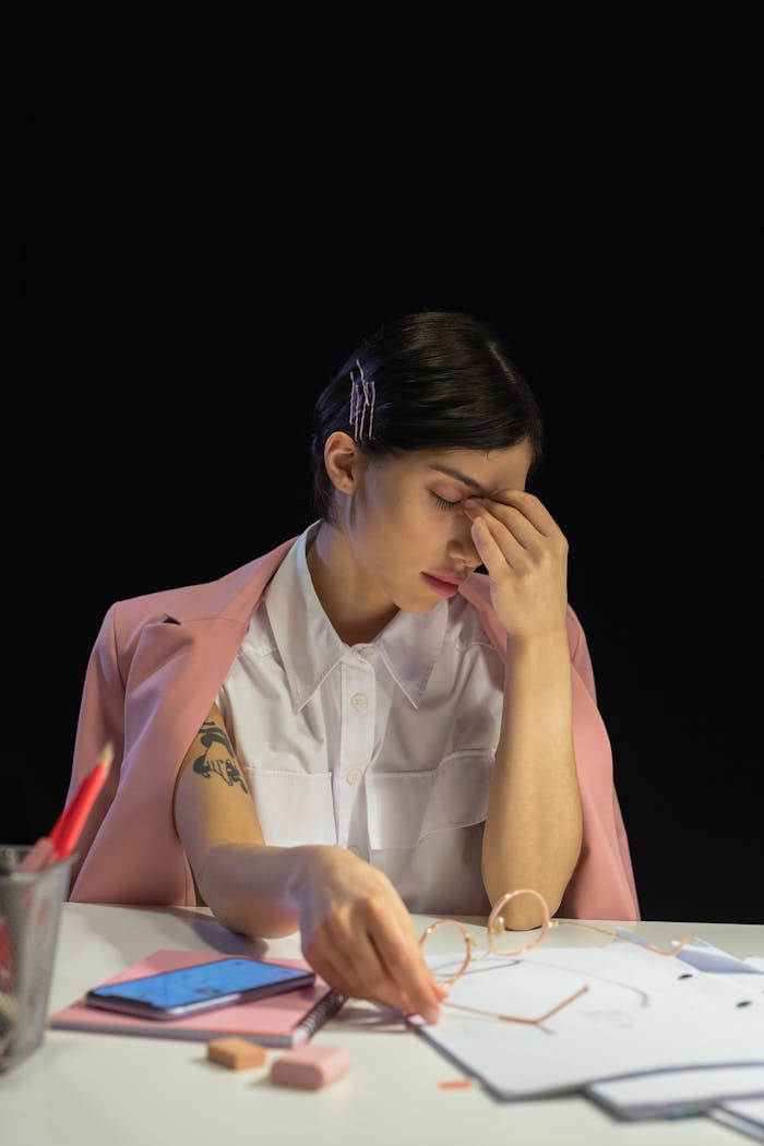 Young woman in office attire feeling stressed and holding glasses on a desk cluttered with papers.